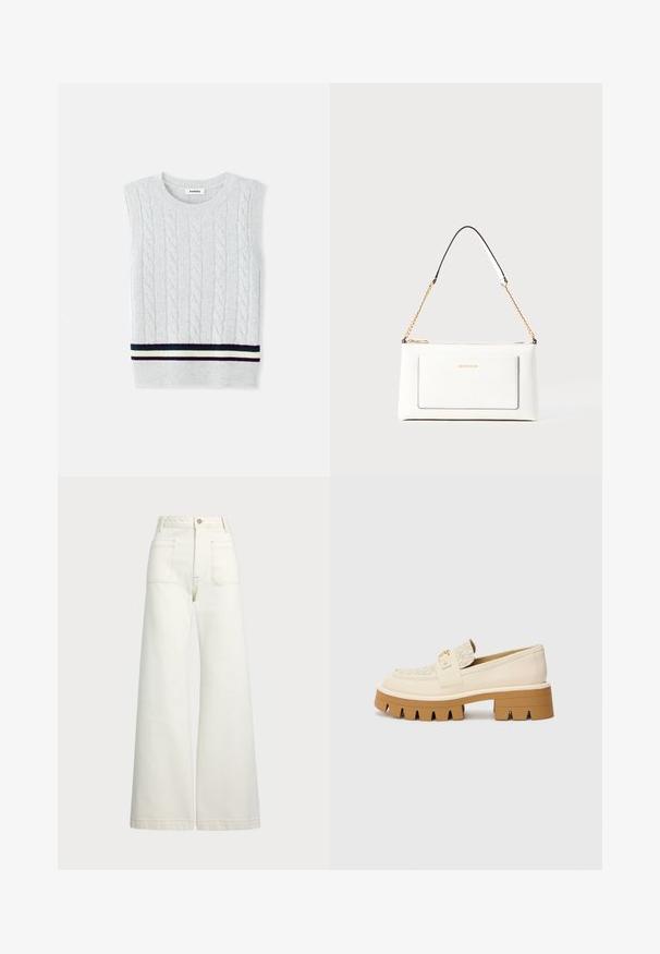Világosszürke, ujjatlan pulóver, amely kábelköteges mintázattal és sötétkék, zöld és krémszínű csíkos bordás szegéllyel rendelkezik. Puha tapintású.; Széles szárú farmernadrág off-white denim anyagból. Magas derekú dizájn, gombos záródással, két elülső zsebbel és kontrasztos varrási részletekkel.; Bézs loaferek texturált krémszínű pánttal, masszív barna talppal, amelyen fogszerű minták találhatók. Arany részlet az övcsat kiemelésén.; Fehér bőr kézitáska, texturált felülettel, arany lánccal és fekete részletekkel. Elülső zsebbel és cipzáros zárással rendelkezik.