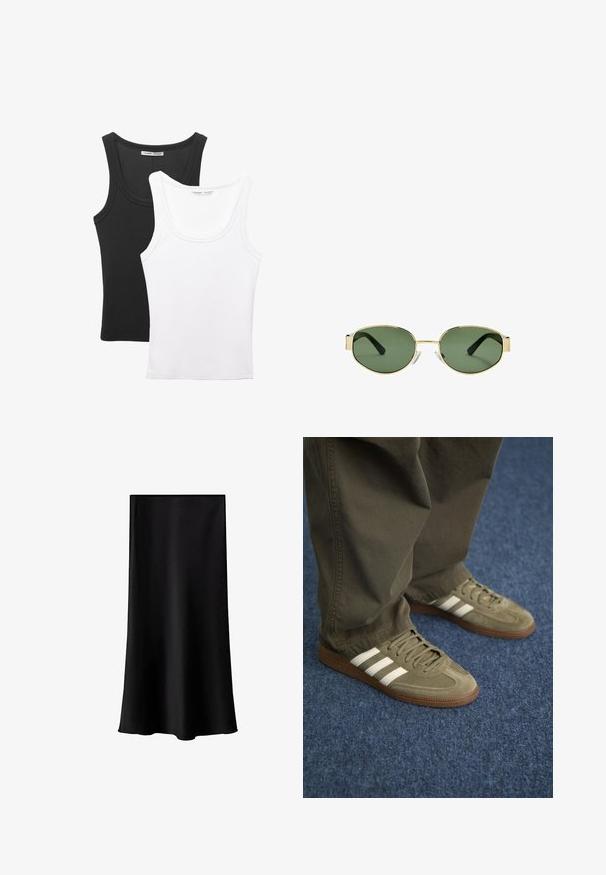 Prikazane su dvije majice bez rukava, jedna crna i jedna bijela. Obje imaju rebrastu teksturu i široke naramenice s okruglim izrezom.; Crna midi suknja napravljena od glatkog, laganog materijala. Ima ravni kroj, bez vidljivih metalnih dijelova i jednostavan dizajn bez uzoraka.; Zelene nubuk tenisice s tri bijele pruge, smešnim gumiranim đonom i teksturiranim vezicama, u kombinaciji s maslinasto zelenim hlačama na plavom tepihu.; Smešak sunčanih naočala s okvirom zlatne boje i zelenim nijansama, ovalnog oblika, crnim drškama i prozirnim jastučićima za nos. Čist, minimalistički dizajn.; Maslinasto zelena torba s dvostrukim ručkama, glatkom teksturom i metalnim logom. Okrugli oblik s bočnim panelima; uparena s plavim hlačama.