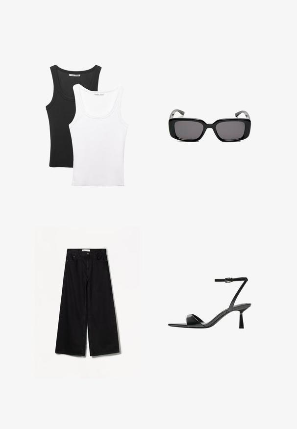 Dva majica brez rokavov sta prikazana, ena črna in ena bela. Obe imata rebrasto teksturo in široke naramnice z zaobljenim izrezom.; Bershka WIDE-LEG - Široke hlačnice - black; Bershka Sandali z visoko peto - black; Črne pravokotne sončne očala z temnimi lečami, gladkim plastičnim okvirjem in ukrivljenimi nogicami. Oblika je robustna in minimalistična.