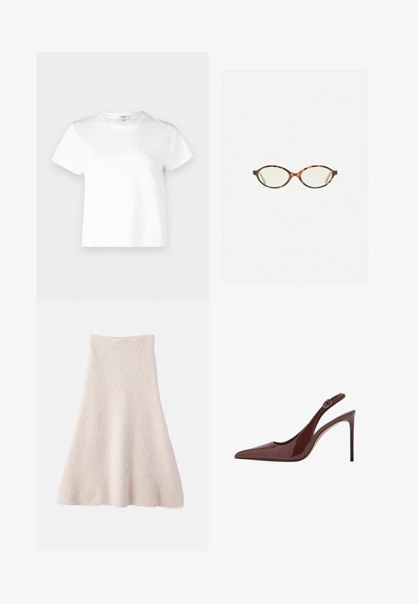 Agolde ADINE SHRUNKEN - T-shirt basic - white; Een lichtbeige A-lijnrok van zacht, gestructureerd materiaal, met een gladde tailleband en een vloeiende silhouet.; Donkerbruine lakleren slingback met spitse neus, hoge hak en verstelbare gespriem. De slanke stilettohak voegt een elegante touch toe.; Kattenoogbril met ovale lenzen en een strakke, gladde afwerking. Heeft dunne zijkanten met een subtiele kromming bij de slapen. Transparante lenzen.