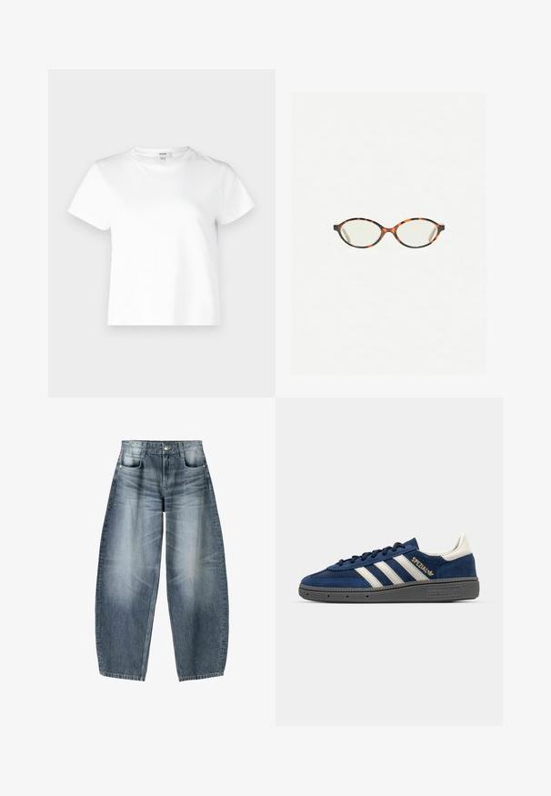 Agolde ADINE SHRUNKEN biały; Jeansy o szerokich nogawkach w jasnoniebieskim denimu z wyblakłymi miejscami, z pięcioma kieszeniami, zapinane na guziki oraz minimalnymi detalami przeszycia.; Granatowe zamszowe sneakersy z białymi paskami, złotym detalem "Spezial", szaro teksturowaną podeszwą, okrągłym czubkiem i dopasowanymi sznurówkami. Klasyczny design.; Okulary w kolorze tortoiseshell z owalnymi soczewkami i gładkim, eleganckim wykończeniem. Posiadają cienkie boki z delikatnym łukiem w okolicy skroni. Przezroczyste soczewki.