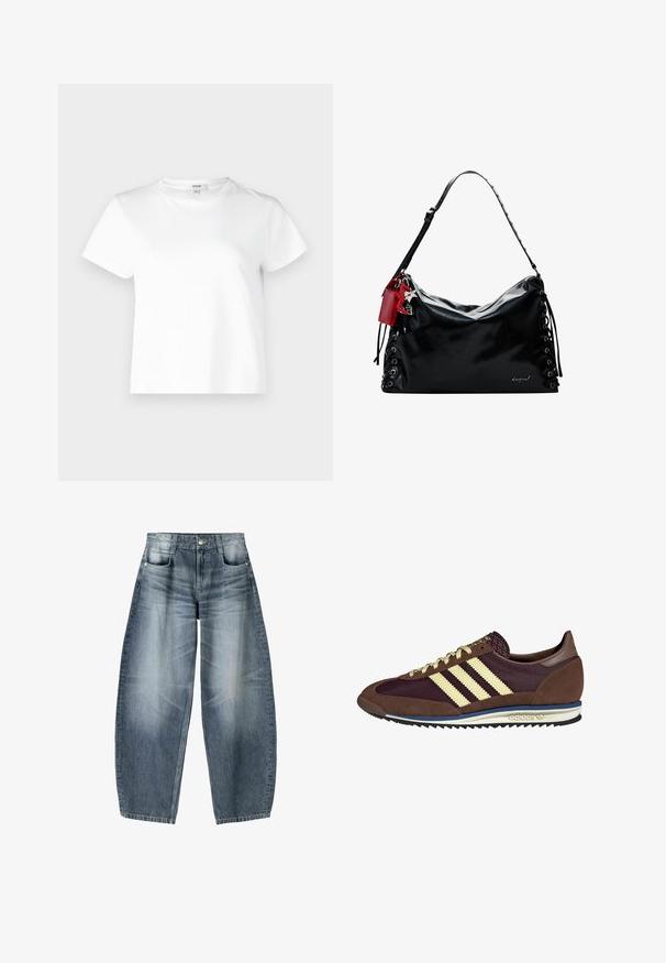 Agolde ADINE SHRUNKEN - T-shirt basic - white; Wijd gesneden jeans van lichtblauwe denim met vervaging, met een vijf-pocket ontwerp, knoopsluiting en minimale stikdetails.; Bruine en bordeauxkleurige sneaker van suede en mesh materiaal, met drie crèmekleurige strepen, een gemêleerd stof op de tong en een rubberen zool.; Zwarte leren handtas met een slouchy ontwerp, vetersluiting aan de zijkanten en een rode accentlabel. Heeft een lange verstelbare schouderriem.