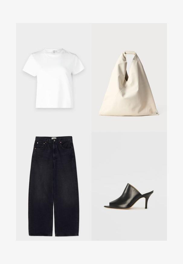 Agolde ADINE SHRUNKEN - Camiseta básica - white; Jeans de mezclilla negros de pierna ancha con botones de cobre, dos bolsillos frontales y una textura suave. Diseño limpio con corte recto.; Mule negro de cuero con punta abierta, con un diseño elegante y curvado, tacón alto de aguja y textura suave. El interior presenta un color claro en contraste.; Bolso beige de textura suave con un exclusivo asa retorcida y detalle de costura diagonal. Diseño minimalista con un acento redondeado en la base.