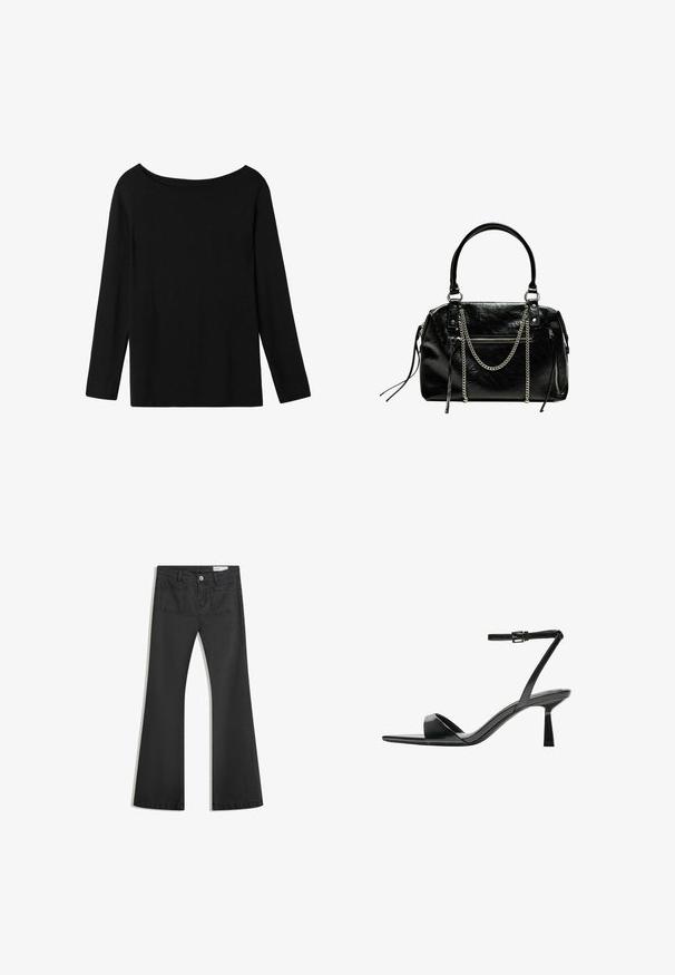 Sort langærmet top med off-the-shoulder halsudskæring, lavet af blødt bomuldsstof, med en afslappet pasform og lige kant.; Sorte flared jeans lavet af denim med en glat tekstur, som har to baglommer og en knaplukning i taljen.; Bershka Højhælede sandaletter / Højhælede sandaler - black; Bershka WITH CHAIN - Håndtasker - black