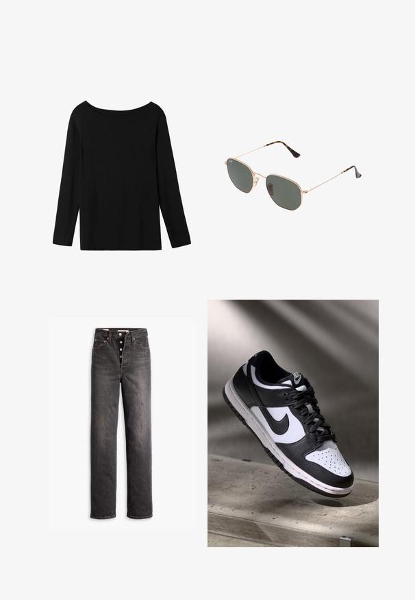 Sort langærmet top med off-the-shoulder halsudskæring, lavet af blødt bomuldsstof, med en afslappet pasform og lige kant.; Sorte højtaljede jeans med lige ben-design, lavet af denim. Features en knaplukning, kobberdetaljer og kontrastsyninger.; Sorthvid Nike Dunk Low sneakers med læderoverdel, perforeret tåboks og sorte snørebånd, udstyret med en hvid sål og logo accenter.; Guldmetallisk brille med mørkegrønne linser, aviator-stil, med slanke arme og skildpadde-mønstrede detaljer på spidserne.; Sort tote bag med geometrisk mønster, lavet af tekstureret materiale. Har robuste håndtag og et mærke, samt en struktureret form.