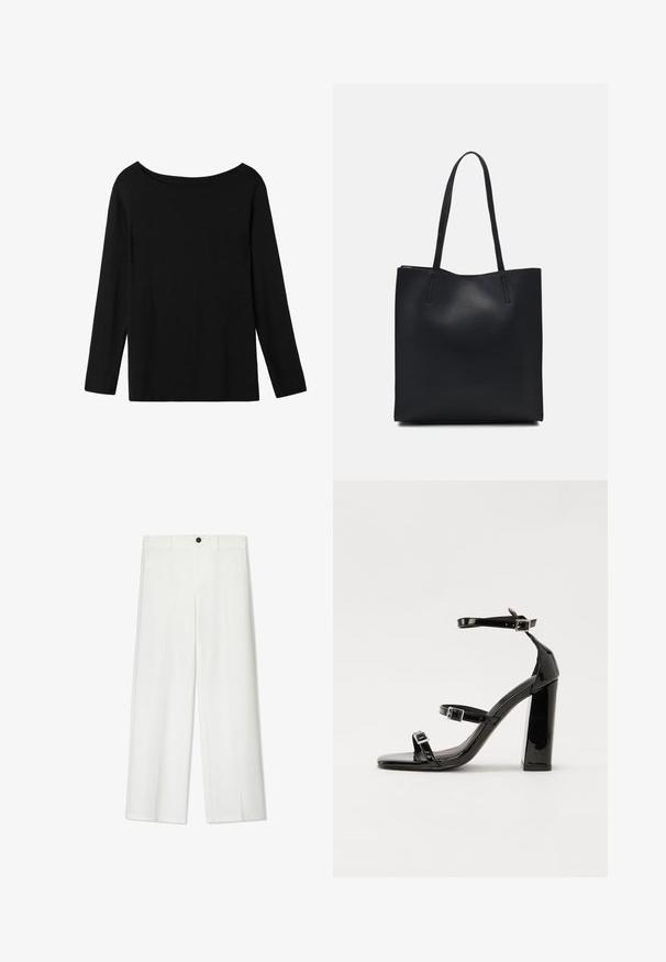 Sort langærmet top med off-the-shoulder halsudskæring, lavet af blødt bomuldsstof, med en afslappet pasform og lige kant.; Hvide, brede bukser med en glat tekstur, der har en frontknaplukning og bæltesløjfer, skræddersyet til en afslappet pasform.; Sorte patenterede hælsandaler med firkantet tå, ankelremme og sølvspænder. Har en chunky blokHæl for stabilitet.; Sort læder tote taske med glat tekstur, rektangulær form og to lange hanke. Ingen synlig hardware eller udsmykninger.