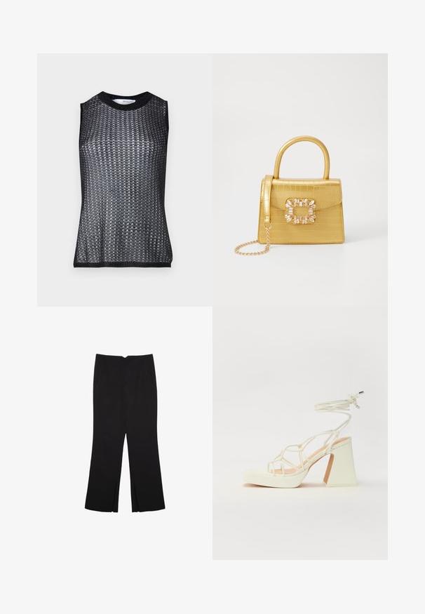 Svart ärmlös topp med en texturerad, vävd mönster, med rund halsringning och kontrasterande ribbad fåll och ärmhål.; Svarta byxor med rak passform, utrustade med framfickor och sidoklyvningar vid fållen. Tillverkade av mjukt, slätt tyg. Lämpliga för olika tillfällen.; Vit högklackad sandal med en kraftig klack, med ett remdesign och ankelband. Slät textur med en plattform framtill för ökad höjd.; Gul faux-krokodilhandväska med en strukturerad design, topphandtag, avtagbar kedjesladd och dekorativa kristalldekorationer på klämman.