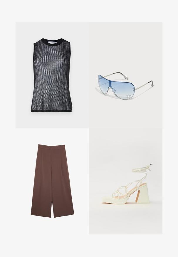 Crna bez rukava majica s teksturiranim, tkanim uzorkom, koja ima okrugli izrez i kontrastni rebrasti rub i otvore za ruke.; Smeđe hlače širokog kroja s glatkom teksturom, koje imaju visok struk i nabore sprijeda. Tkanina je lagana i slobodno se kreće.; Bijela sandala na visokoj potpetici s debelim petom, s remenom i vezanjem oko gležnja. Glatka tekstura s platformom sprijeda za dodatnu visinu.; Naočale tipa avijatičar s gradijentnim plavim staklima, okvirom od srebrnog metala i dekorativnim zvjezdastim naglascima na staklima. Glatki i elegantni dizajn.