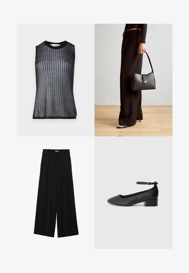 Fekete ujjatlan felső texturált, szőtt mintával, kerek nyakkivágással és kontrasztos bordázott aljjal és karöltőkkel.; Fekete, bő szárú nadrág, texturált anyagból, rugalmas derékpánttal és levehető sállal a derekán, amely állítható illeszkedést biztosít.; Fekete bőr magassarkú cipő hegyes orral és alacsony tömb sarkal. Bokapánttal rendelkezik, aranyszínű csattal. Simább textúra.; Fekete kézi táska strukturált formával, sima textúrával és fémből készült záródással. Széles fekete nadrággal és nyitott orrú szandállal párosítva, fából készült padlón.