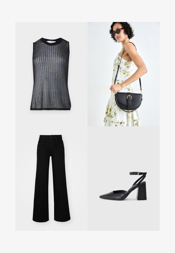 Schwarzes ärmelloses Top mit einem strukturierten, gewebten Muster, das über einen runden Halsausschnitt und kontrastierende gerippte Säume an Saum und Armausschnitten verfügt.; Schwarze weit geschnittene Hose aus Denim, mit einem strukturierten Bund, Gürtelschlaufen und Fronttaschen. Glatte Textur mit klassischem Design.; Schwarze Leder-Pumps mit spitzer Zehe, einem Knöchelriemen und einem blockigen Absatz. Flache Textur, elegantes Design und minimalistische Ästhetik.; Schwarze Lederhandtasche mit geschwungener Form, abnehmbarem Tragegurt und goldenen Beschlägen. Die Tasche verfügt über einen Deckel mit einer Schnallen-Details.