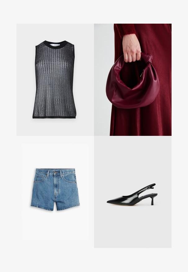 Top senza maniche nero con un motivo tessuto testurizzato, caratterizzato da un girocollo e orlo a coste in contrasto.; Shorts in denim blu chiaro, con cinque tasche, chiusura a zip e bottone. L'orlo è sfilacciato e presenta un design a vestibilità rilassata.; Decolleté in vernice nera con punta affusolata, tacco sottile e cinturino regolabile. Texture liscia con dettagli minimi.; Borsa in pelle bordeaux con un design morbido e arricciato e una forma arrotondata. Il manico è fissato, mostrando una texture liscia.