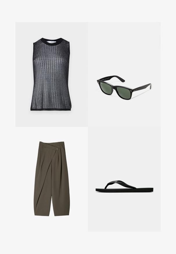 Crna bez rukava majica s teksturiranim, tkanim uzorkom, koja ima okrugli izrez i kontrastni rebrasti rub i otvore za ruke.; Široke hlače od tamno maslinaste tkanine, s naboranim prednjim dijelom, kopčanjem na gumb i sjajnom, teksturiranom površinom.; Crne gumene japanke s teksturiranim remenom i jednostavnom ravnom potplatom, prikazane s strane na jednostavnoj svijetloj pozadini.; Crne plastične sunčane naočale s zelenim staklima, kvadratni okviri, srebrni naglasak na obrvi i teksturirane ručke. Naziv brenda naveden na unutrašnjoj strani ručke.