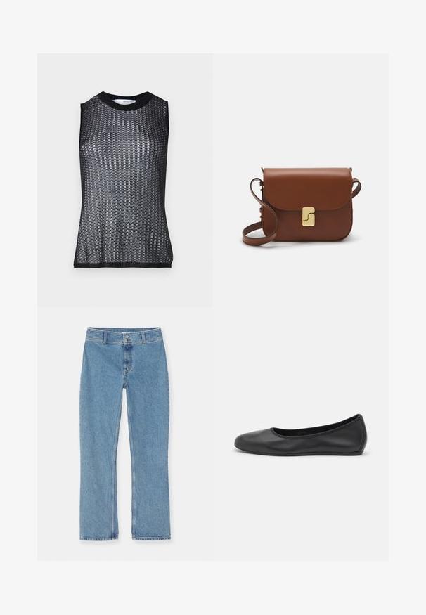 Czarny bezrękawnik z teksturowanym, tkanym wzorem, z okrągłym dekoltem oraz kontrastowymi ściągaczami na dole i w otworach na ramiona.; Jasnoniebieskie dżinsy z prostymi nogawkami, zapinane na guzik i zamek, z paskami do pasa oraz standardowym szwem na białym tle.; Czarne skórzane baletki z zaokrąglonym noskiem, gładką fakturą, minimalnymi przeszyciami i elastycznym designem podeszwy.; Brązowa skórzana torebka na ramię z klapką, złotymi detalami, paskiem na ramię i gładką teksturą. Kompaktowy prostokątny kształt.