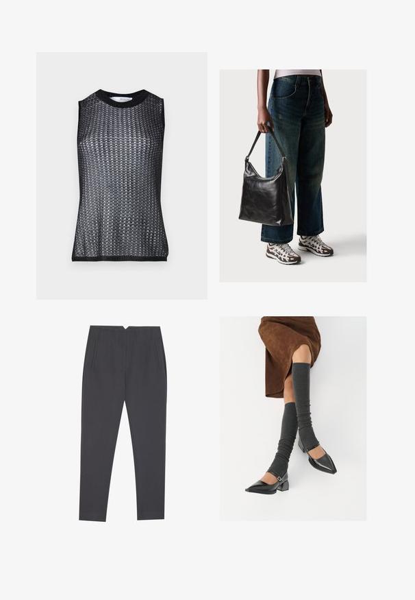 Musta ilmaõlgadega särk, millel on tekstuuriga kootud muster, ümmargune kaelus ja kontrastne soonikääris allservas ja õlavarreaukudel.; Tumed hallid kitsad püksid küljetaskute ja esikortsudega, loodud kohandatud istuvuse jaoks.; Mustad patsaline odav värviga kingad, millel on kreen ja pahkluuring, on paaritatud hallide ribakudumitega sääremiidega ja pruunist nahast seelikuga.; Must musta õlakott, millel on sile tekstuur ja reguleeritav rihm, koos pleekinud laia jalgadega teksade ja sportlike tossudega.