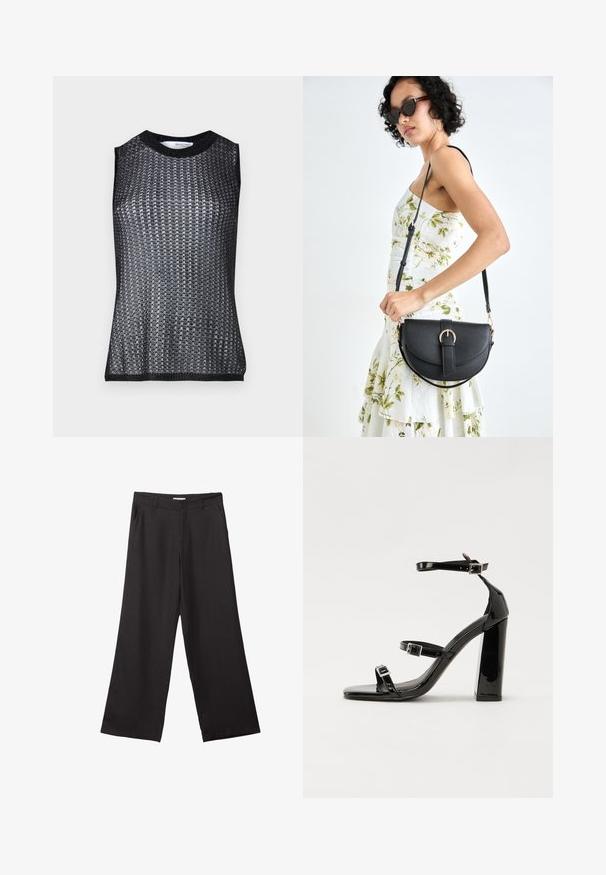 Sort ærmeløs top med et tekstureret, vævet mønster, featuring en rund halsudskæring og kontrasterende ribbede kanter og ærmegennemsnit.; Sorte bukser med vidde, lavet af glat stof, med en frontlynlås og to sidelommer, i en skræddersyet pasform og minimalistisk design.; Sorte patenterede hælsandaler med firkantet tå, ankelremme og sølvspænder. Har en chunky blokHæl for stabilitet.; Sort læderhåndtaske med en buet form, aftagelig rem og guldfinish. Tasken har en klap med en spænde detalje.