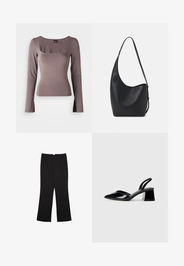 Dlhý rukáv top v mäkkej, hnedej tkanine. Disponuje štvorcovým výstrihom a bočnými rozparkami na leme. Hladká textúra s priliehavým strihom.; Čierne nohavice so strihom rovného strihu, s prednými vreckami a bočnými rozparkami na leme. Vyrobené z mäkkej, hladkej tkaniny. Vhodné na rôzne príležitosti.; Čierne lakované kožené sandálové podpätky s špicatou špičkou a geometrickým blokovým podpätkom. Disponujú elegantným, minimalistickým dizajnom a hladkým povrchom.; Čierna kožená hobo taška so hladkou textúrou, zakriveným tvarom a jedným nastaviteľným popruhom; má široké otvorenie na vrchu.