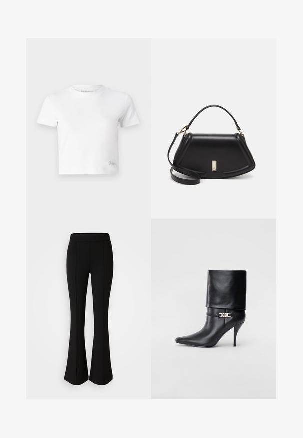 T-shirt cropped bianco realizzato in cotone liscio, con un collo alto e maniche corte. Piccolo logo ricamato nell'angolo inferiore.; Pantaloni neri a zampa d'elefante realizzati in un materiale elastico con una texture liscia, caratterizzati da dettagli delle cuciture lungo la parte anteriore per un tocco di design in più.; Stivale ankle in pelle nera con punta affusolata, alto tacco a stiletto, risvolto sulla caviglia e un elegante dettaglio in oro con fibbia decorativa.; Borsa a mano in pelle nera con un design strutturato, caratterizzata da una forma corta, manico superiore e accessori in metallo dorato. Inclusa tracolla regolabile.
