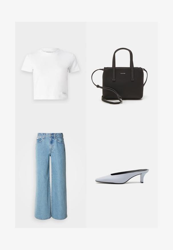 Balta trumpa marškinėlių suapvalinta iš lygios medvilnės, su aukštu iškirpimu ir trumpomis rankovėmis. Mažas išsiuvinėtas logotipas apatinėje kampe.; Šviesiai mėlynos plataus kirpimo džinsai, pagaminti iš denimo, turi aukštą juosmenį, penkių kišenių dizainą ir subtilų blukimą audinyje.; Šviesiai mėlynos patentinės odos mules su smailiu priekiu, žemu permatomu kulnu ir stilingu dizainu, turinčiu išpjovą priekyje.; Juoda rankinė su dviem trumpais rankenėlėmis ir nuimamu petį. Lygaus odos tipo medžiaga su užtrauktuku ir logotipo detale.