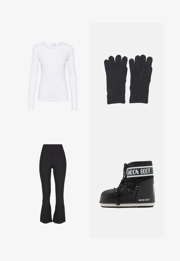 Balta ilgomis rankovėmis marškinėliai su apvaliu iškirpimu, pagaminti iš lygaus, tampraus audinio. Turi priglundantį dizainą be ryškiai išsiskiriančių raštų ar akcentų.; Juodos flared kelnės, pagamintos iš elastingos, lygaus audinio. Aukšta juosmens juosta ir skeltukai apatinėje kelnių dalyje suteikia papildomą dizaino detalę.; Juodas mėnulio botas su paminkštintu viršumi, užsegamas raišteliais ir išskirtine balta juosta su logotipu. Storas, tekstūruotas guminis padas.; Juodos megztos pirštinės su susiraukšlėjusiu rankogaliu, suprojektuotos su atskiromis pirštų angomis, kad būtų visiška judesių laisvė. Minkšta tekstūra ir tolygus siuvimo detalumas.