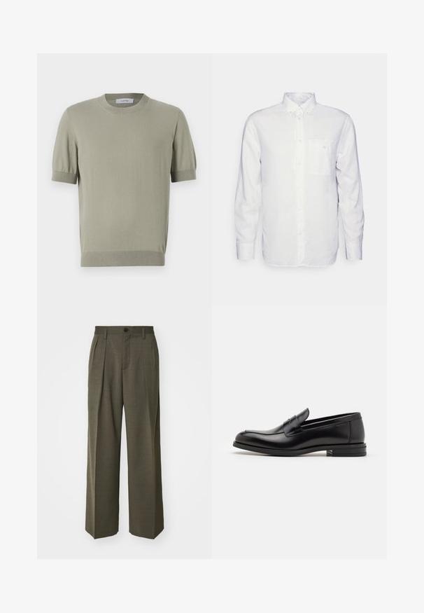 LARDINI UOMO - Basic T-shirt - light green; Long-sleeve white shirt made of cotton, featuring a button-down collar, front pocket, and regular fit. Textured fabric with a smooth surface.; Filippa K WIDE TROUSERS - Trousers - driftwood; Black leather loafers with a smooth texture, rounded toe, and a decorative strap across the vamp. Low stacked heel, minimalist design.