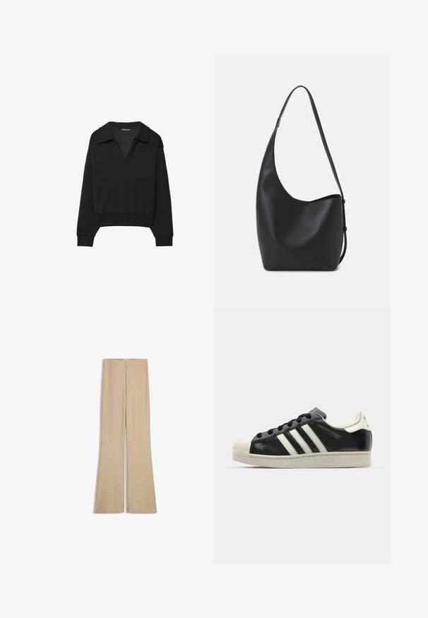 Crna skraćena dukserica s V-izrezom i velikim ovratnikom. Napravljena od glatkog materijala, ima duge rukave i uski pojas.; Bežaste trapezaste hlače od sjajnog, teksturiranog materijala s glatkim pojasom i skrivenim patentnim zatvaračem na leđima. Ravni prednji dio bez džepova.; Crni kožni tenisice s bijelim prugama, gumeni zaštitni vrh, crne vezice i bijela potplata boje krem. Glatka tekstura s sjajnim završetkom.; Crna kožna hobo torba s glatkom teksturom, zakrivljenim oblikom i jednom podesivom trakicom; ima širok otvor na vrhu.