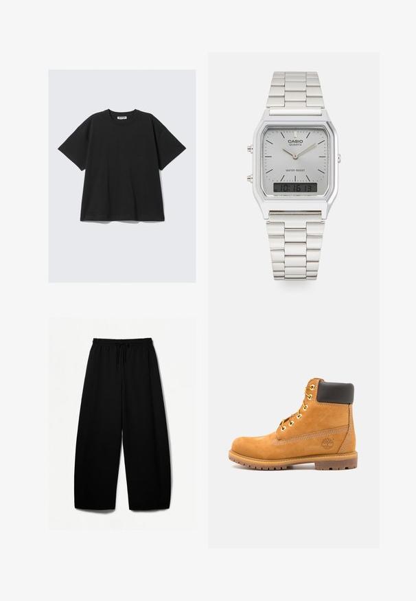 Črna majica s kratkimi rokavi in okroglim izrezom, izdelana iz mehkega bombažnega blaga. Ima sproščen kroj in subtilno oznako blagovne znamke na ovratniku.; Črne široke hlače z elastičnim pasom in vrvico. Mehak material z gladko teksturo. Ravno krojene z bočnimi šivi.; Rjavi usnjeni gležnarji s črnim oblazinjenjem, zlatimi očesci in teksturiranim podplatom. Imajo okroglo logo na strani in šivane detajle.; Srebrna Casio quartz ura s pravokotno/png-iskonsko obliko, analogno in digitalno prikazovanje, jekleni pas in vodoodporne funkcije.