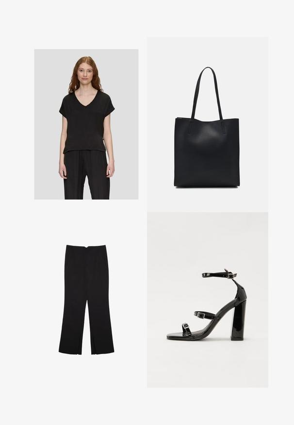 Črna kratka majica s kratkimi rokavi in V-izrezom, sproščenega kroja in mehke teksture, v kombinaciji s črnimi nabranimi hlačami.; Črne hlače ravnega kroja z naglavnimi žepi in stranskimi razporki na robu. Narejene iz mehke, gladke tkanine. Primerne za različne priložnosti.; Črne lakirane sandale s peto, kvadratnim prstom, trakovi okrog gležnja in srebrnimi zaponkami. Opremljene so s stabilno Debelo peto.; Črna usnjena torba s svilnato teksturo, pravokotne oblike in dvema dolgima ročajema. Brez vidnih metalnih delov ali okrasnih elementov.