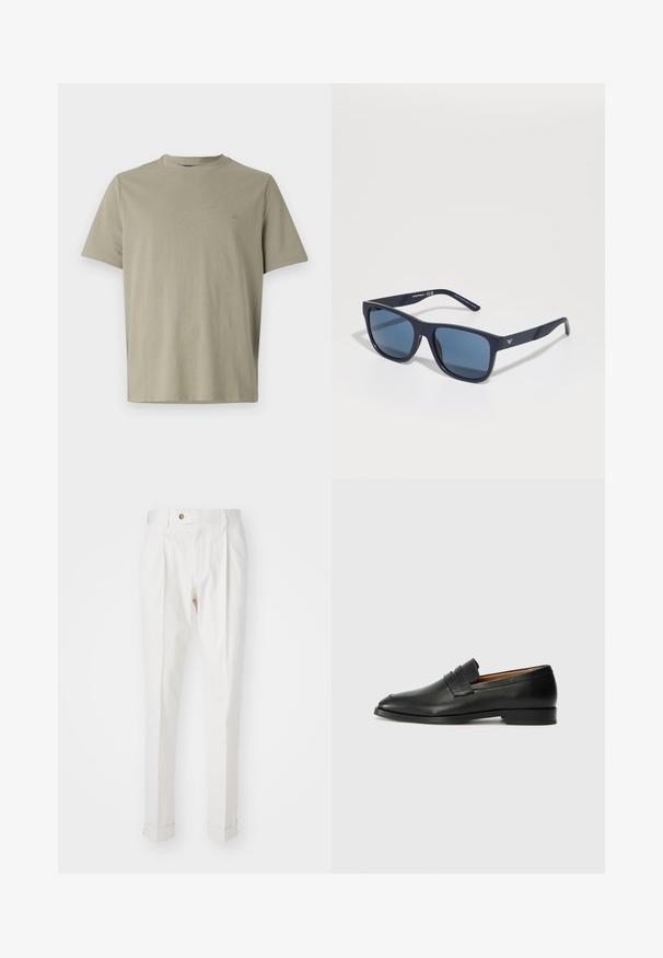 Helles olivengrünes T-Shirt mit Rundhalsausschnitt aus weicher Baumwolle. Es hat kurze Ärmel und ein dezentes Logo-Detail auf der Brust.; Weiße, maßgeschneiderte Hosen mit flachem Bund, zwei Falten und umgeschlagenen Säumen. Hergestellt aus einem glatten Stoff mit einem Knopfverschluss an der Taille.; Schwarze Leder-Slipper mit runder Zehenform, dezenten gestickten Details und niedrigem Absatz, ausgestattet mit glatter Textur und minimalistischem Design.; Blaue rechteckige Sonnenbrille mit dunklen Gläsern, mattem navy-blauen Rahmen, Logodetail an den Bügeln, geraden Bügeln und einer soliden, glatten Textur.