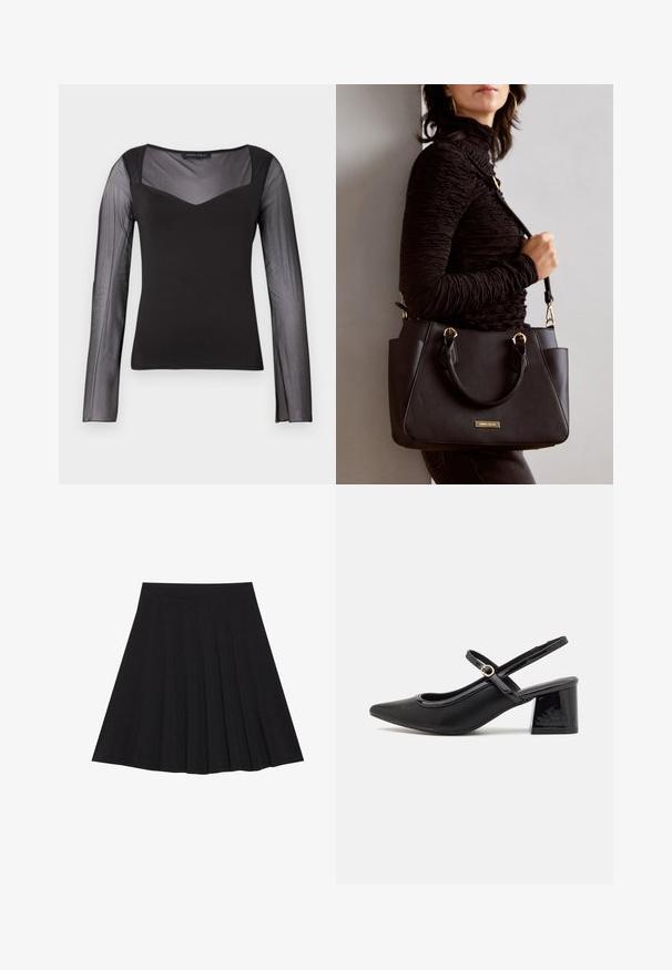 Črna dolgosleeve majica s prosojnimi mrežastimi rokavi in zgornjim delom, solidnim telesom, kvadratnim izrezom in prilegnjeno silhueto.; Črna plisirana krila iz strukturiranega materiala s prilegajočim pasom. Segajo do kolen in ponujajo gladko, čisto silhueto.; Črne patentne usnjene salonarce s slingback obliko, s koničastim nosom, zaobljenim izrezom in blok peto. Imajo zlato kovinsko zaponko kot dodatno okrasje.; Črna torbica z teksturirano površino, z dvema zgornjima ročajema in nastavljivim ramenskim pasom. Ima zlatovrateče dodatke in stranske žepe.