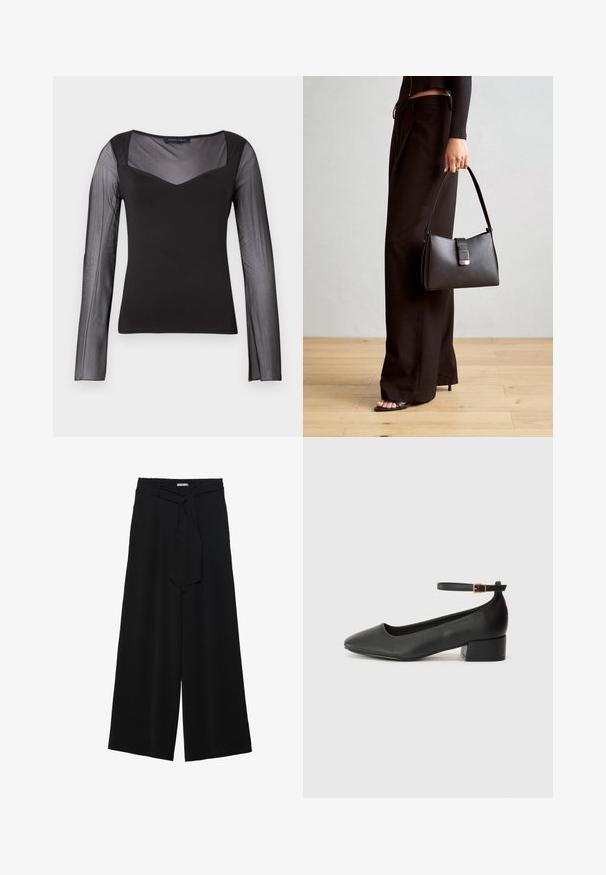 Zwarte lange mouwen top met doorschijnende netmouwen en bovenste borststuk, solide lijfje, vierkante halslijn en aangesloten silhouet.; Zwarte wijde broek van textuurstof, met een elastische tailleband en een afneembare sjaalstrik in de taille voor een verstelbare pasvorm.; Zwarte leren pump met een spitse neus en een lage blokhak. Beschikt over een enkelband met een goudkleurige gespsluiting. Gladde textuur.; Zwarte handtas met gestructureerde vorm, gladde textuur en een metalen sluiting. Gecombineerd met brede zwarte broeken en sandalen met open teen op een houten vloer.