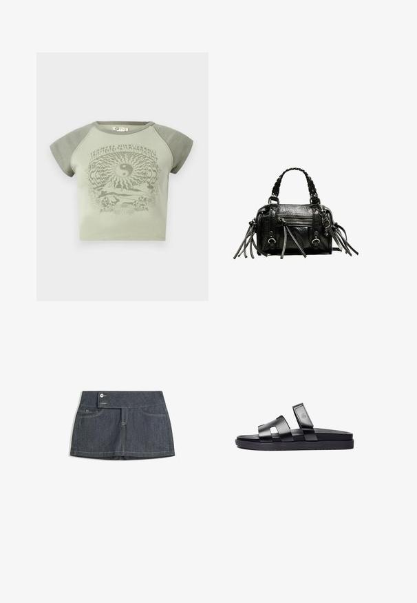 Green cotton t-shirt with short sleeves, featuring a yin-yang graphic and nature motifs in a contrasting darker green tone.; Dark denim skirt with a high waistband, featuring two front pockets, a button closure, and contrasting stitching along the edges.; Black slide sandals featuring two wide, flat straps with cut-out details and a textured footbed, set on a black, smooth sole.; Black leather handbag with braided handles, textured surface, zippered front pocket, and decorative fringe accents. Compact and structured shape.