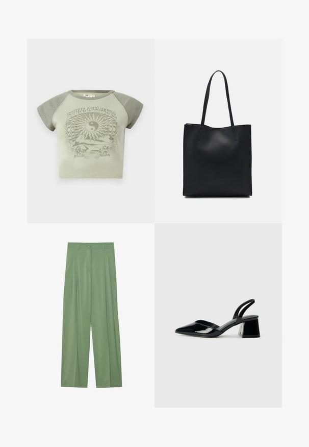 Groene katoenen t-shirt met korte mouwen, met een yin-yang afbeelding en natuurelementen in een contrasterende donkerdere groentint.; Groene wijde broek van gladde stof. Bevat plooien aan de voorkant, een enkele knoopsluiting en riemlussen.; Zwarte gepatineerde leren slingback hakken met een spitse neus en een geometrische blokhak. Kenmerkt zich door een slank, minimalistisch ontwerp en een gladde textuur.; Zwarte leren handtas met een gladde textuur, rechthoekige vorm en twee lange handvaten. Geen zichtbare hardware of versieringen.