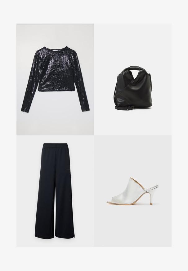 Melns īss garām piedurknēm tops, pārklāts ar fliteriem, ar apaļu kakla izgriezumu un gludu tekstūru. Gaisma atspoguļojas no spīdīgās virsmas.; Melni plaši tīkliņveida bikses ar elastīgu jostu un mazām zipu detaļām pie apakšmalām, attēlotas uz baltas fona.; Sudraba peep-toe čības ar gludu, spīdīgu apdari, zemu stiletto papēdi un atvērtu aizmuguri, kas nodrošina vieglu uzvilkšanu.; Melnas, mīkstas ādas soma ar unikālu savērptu dizainu. Iespējo īsu rokturi un noņemamu plecu siksnu. Minimalistisks stils.