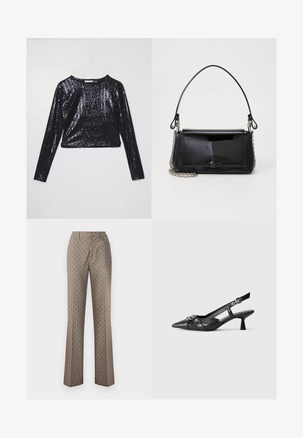 Musta lyhythihainen crop-top, joka on päällystetty paljeteilla. Siinä on pyöreä kaula-aukko ja sileä pinta. Valo heijastuu kiiltävältä pinnalta.; Kreppikaunis harmaat ruudulliset housut mustilla pistekuvioilla, suora lahjetyyli, yksi takatasku ja vyölenkit, valmistettu rakenteellisesta kudotusta kankaasta.; Mustat nahkakengät, joissa on avonainen takaosa ja kärjessä terävä muoto, koristevyöt, joissa on metalliset reiät, sekä matala lohkoepohja. Teksturoitu pinta.; Musta lakattu nahkalaukku suorakaiteen muotoisena, ketjuhihnalla ja erottuvalla varustusesineellä keskellä. Siveltimellinen pinta.