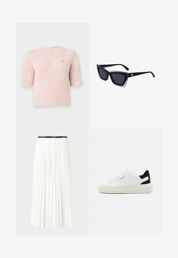 Suéter rosa curto de malha com um decote redondo, mangas curtas e um pequeno bolso com detalhe do logótipo dourado.; Saia plissada branca com uma cintura elástica preta que apresenta o logótipo "LACOSTE". Design de comprimento médio com textura suave.; Sapatilhas brancas de couro com uma sola branca espessa, detalhe em camurça preta no calcanhar e logótipo em relevo na lateral. Design com atacadores e seis ilhós.; Óculos de sol oversized pretos com forma geométrica, apresentando lentes escuras e um detalhe cinza em contraste na armação. Logotipo na haste.