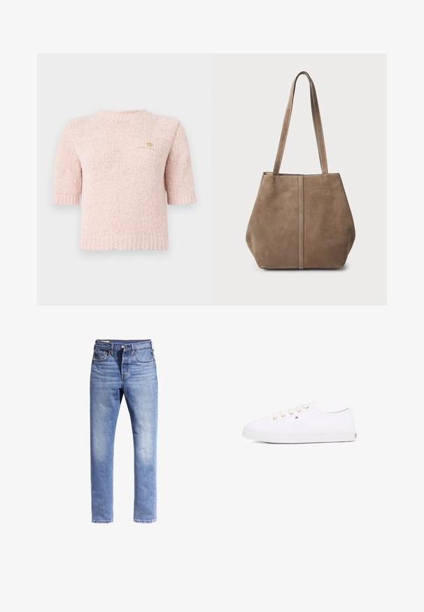 Kurzer pinker Strickpullover mit runder Halslinie, kurzen Ärmeln und einer kleinen aufgesetzten Tasche mit einem goldenen Logodetail.; Hellblaue Denim-Jeans mit geradem Bein, fünf Taschen und kontrastierenden Nähten. Der Stoff sieht leicht abgerieben aus.; Weißes Leinensneaker mit goldenen Ösen, flachen Schnürsenkeln, strukturiertem Gummisohle und minimalem Branding an der Seite. Niedriges Profil.; Braune Wildleder-Tote-Tasche mit zwei langen Griffen, vertikalen Nahtdetails an der Vorderseite und einer weichen Textur. Geräumiges Design, das sich für den täglichen Gebrauch eignet.