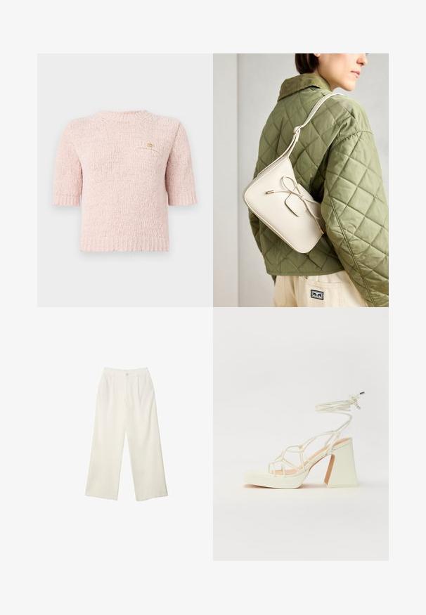 Krótki różowy sweter z dzianiny, okrągłym dekoltem, krótkimi rękawami i małą kieszonką z naszywką, która ma złoty detal z logo.; Spodnie z szerokimi nogawkami w kremowej tkaninie o gładkiej fakturze, z pojedynczym guzikiem z przodu, subtelnymi plisami i wysokim stanem.; Biała sandał na wysokim obcasie z masywnym słupkiem, z paskowym wzorem i wiązaniem przy kostce. Gładka faktura z platformą z przodu dla dodatkowej wysokości.; Beżowa skórzana torebka na ramię z kokardką, złotymi detalami i pojedynczym regulowanym paskiem, noszona na zielonej pikowanej kurtce.