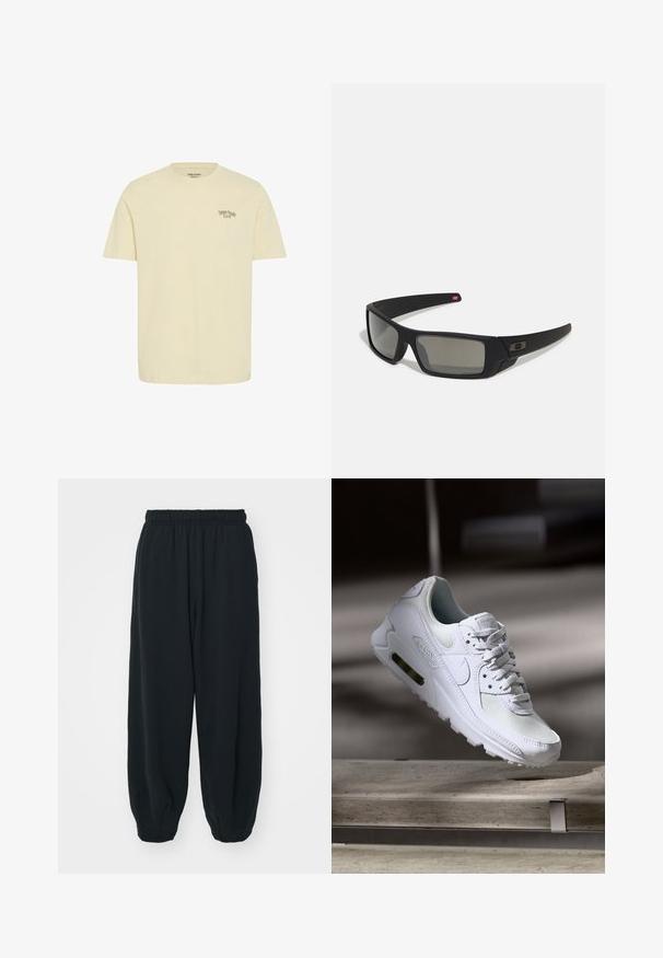 Crème-kleurige katoenen t-shirt met korte mouwen. Bevat de tekst "Danish Foodie Club" op de linkerborst. Nette pasvorm en een zachte textuur.; Zwarte, elastiche sweatpants met een losse pasvorm, manchetten aan de enkels, een zachte textuur en zonder zichtbare patronen of hardwareaccenten.; Witte Nike Air Max 90 sneaker met een bovenwerk van mesh en leer, een geperforeerde teenbox en een zichtbare luchtunit in de hiel.; Zwarte zonnebril met een matte afwerking, rechthoekige glazen, een lichte kromming op de slapen, subtiele logodetails en rookgetinte glazen.