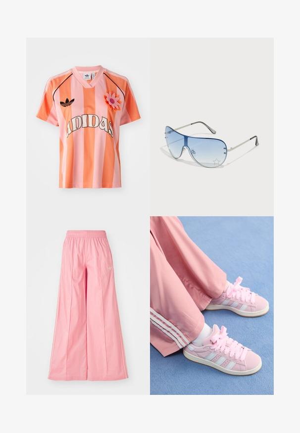 Růžový a oranžový pruhovaný dres Adidas s výstřihem do V, krátkými rukávy a květinovým aplikace. Na přední straně je logo a černé akcenty.; Růžové kalhoty s volnými nohavicemi vyrobené z lehké látky, s elastickým pasem a jemnými bílými bočními pruhy. Malé logo na přední straně.; Růžové sportovní boty se světle modrými pruhy, kulatá špička a silné růžové tkaničky, spárované s růžovými tepláky se bílými bočními pruhy.; Pilotské sluneční brýle s modrými gradientními skly, stříbrným kovovým rámem a dekorativními hvězdnými akcenty na sklech. Hladký a elegantní design.