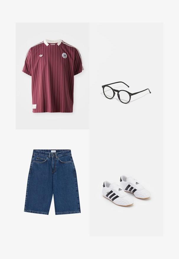 Bordo krekls ar vertikālām baltajām svītrām, īsām piedurknēm, ribotas baltas apkakles, Adidas logo kreisajā krūtī un emblēma labajā krūtī.; Tumsā zila džinsa īsie šorti ar piecu kabatu dizainu, taisnu griezumu un redzamām šuvēm. Gluda tekstūra un vidēja augstuma josta.; Baldas sporta apavi baltā krāsā ar melnām svītrām, ar zamša līdzīgu tekstūru, noapaļotu purngalu un Velcro siksniņu. Gumijas zoles laba saķerei.; Apaļas melnas saulesbrilles ar caurspīdīgiem stikliem, plānām melnām kājām un maziem metalizētiem akcentiem priekšpusē. Klasisks dizains ar minimālistisku stilu.