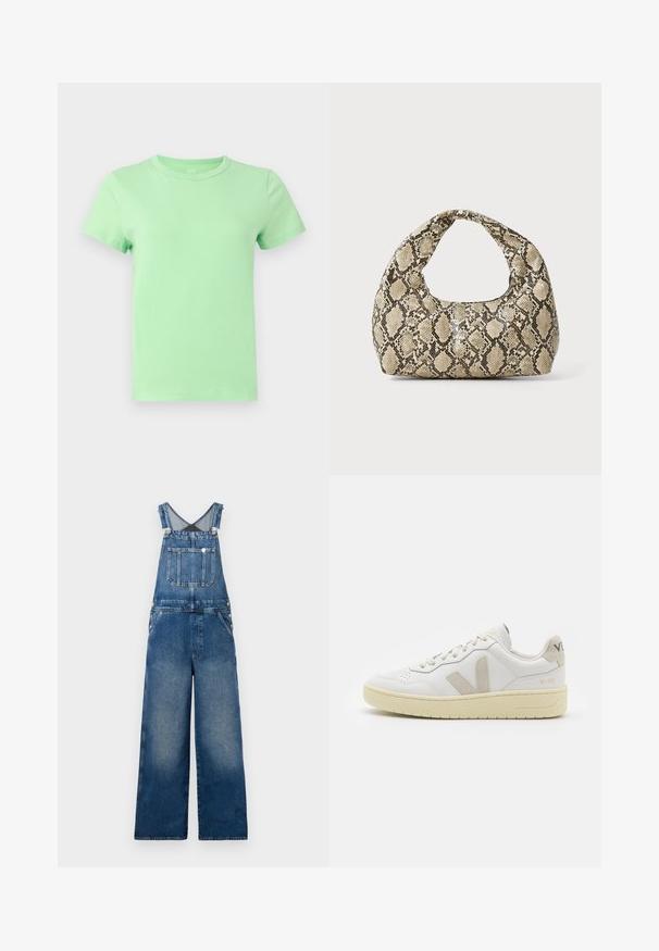 Tricou din bumbac verde mentă, cu mâneci scurte, guler rotund și margine dreaptă. Textură subtilă, fără modele sau grafică vizibile.; Salopete din denim cu picioare largi, bretele ajustabile, un buzunar frontal și detalii cu nasturi pe laterale. Albastre închise cu accente decolorate.; Pantofii sport din piele albă cu accente din suede bej, cutie pentru degete perforată, șireturi plate și o talpă texturată de crem. Prezintă branding subtil pe călcâi.; Geantă cu imprimeu de șarpe, având un mâner curbat. Fabricată din materiale texturate, bej și maronii, cu un model distinctiv în formă de diamant.