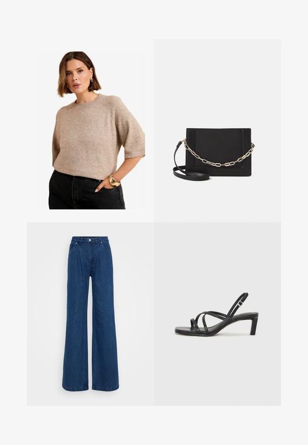 Svetlo bež kratkoročni pleten svetar s okruglim izrezom, z mehko teksturo in sproščenim krojem. V kombinaciji z črnimi hlačami z visokim pasom.; Široke modre jeans hlače z visokim pasom, sprednjim gumbom in zadrgo ter sprednjimi in zadnjimi žepi na enobarvni podlagi.; Črne natikače s trakovi in kvadratnim prstom ter nizkim blokastim peto. Imajo več tankih trakov in nastavljiv trak okoli gležnja. Narejene so iz gladkega usnja.; Črna usnjena torba čez ramo z gladko teksturo, pravokotno obliko in kovinskim verižnim detajlom spredaj. Vključena je nastavljiva naramnica.
