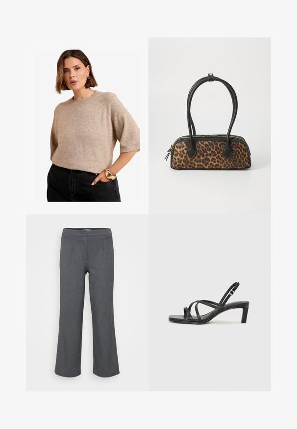 Világos bézs, rövid ujjú kötött pulóver, kerek nyakkal, amely puha tapintású és laza szabású. Fekete, magas derekú farmernadrággal párosítva.; Szürke, szabott nadrág lapos derékkal, egy gombbal záródik és széles szárú. Sima textúra, finom szövéssel.; Fekete pántos szandál négyzetes orral és alacsony blokk sarkal. Több vékony pánttal és állítható boka pánttal rendelkezik. Sima bőrből készült.; Leopárdmintás kézitáska fekete műbőr alappal, dupla felső fogantyúval, arany szippantyúval és fekete műbőr díszítőelemekkel. Téglalap alakú.