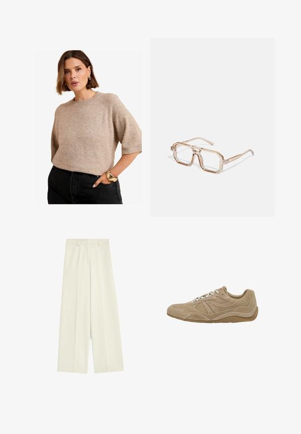 Hellbeige kurzärmliger Strickpullover mit Rundhalsausschnitt, der eine weiche Textur und einen lässigen Schnitt aufweist. Kombiniert mit schwarzen hochgeschnittenen Jeans.; Weite Hose aus cremefarbener Stoff, mit glatter Textur, vorderen Falten und geradem Schnitt von der Taille bis zum Saum.; Beige Wildledersneaker mit niedrigem Profil, strukturierten Oberflächen und weißen Schnürsenkeln. Verfügt über ein geschwungenes Design und eine Gummisohle für guten Halt.; Transparente hexagonale Brillen mit hellbraunen Farbtönen; dicke, klare Fassungen und schlanke Bügel; keine sichtbaren Logos oder Muster.; Seidenschal in hellbeige mit geometrischem Muster, das wiederholt "BOSS" und Preisschilder in Weiß zeigt. Die Kanten sind ordentlich verarbeitet.; Taschen aus braunem Leder mit doppelten Griffen und einem abnehmbaren Schultergurt. Verfügt über einen goldfarbenen Verschluss und eine strukturierte Oberfläche.