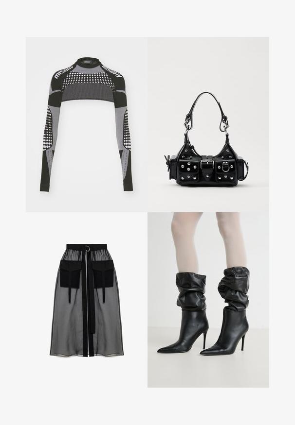 Zwart-witte lange mouwen crop-top met een hoge halslijn, voorzien van stippen- en strepenpatronen. Het materiaal lijkt rekbaar en textuur te hebben.; Zwarte doorschijnende rok met een verzameld tailleband, voorzien van twee grote voorzakken, een tailleband met strik en een ronde metalen accent.; Zwarte leren enkellaarsjes met een slouchy ontwerp, spitse neus en hoge stilettohak, met een zachte, textuur afgewerkte rand om de enkels.; Zwarte lederen handtas met een gebogen ontwerp, voorzien van zilveren studs, een gesp en twee zijvakken. Verstelbare schouderband voor verschillende draagmogelijkheden.
