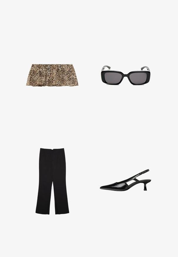 Leopardenmuster, leichtes Oberteil mit Rüschensaum, das eine weiche, durchsichtige Textur mit plissiertem Design und einer neutralen Farbpalette aufweist.; Schwarze Hose mit geradem Schnitt, ausgestattet mit Fronttaschen und Seitenschlitzen am Saum. Hergestellt aus weichem, glattem Stoff. Geeignet für verschiedene Anlässe.; Schwarze Lackleder-Slingback-High Heels mit spitzer Zehenform, ausgeschnittenem Seitendesign und kleinem Blockabsatz. Glatte Textur mit minimalen Akzenten.; Schwarze rechteckige Sonnenbrille mit dunklen Gläsern, glattem Kunststoffrahmen und gebogenen Bügeln. Das Design ist klobig mit einer minimalistischen Ästhetik.