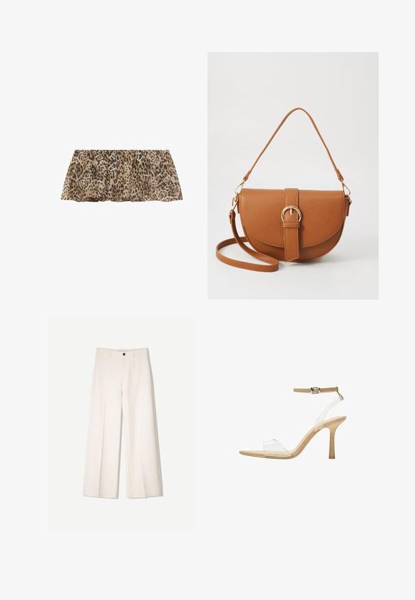 Top in tessuto leggero con stampa leopardata, orlo a volant e una consistenza morbida e trasparente, caratterizzato da un design plissettato e una palette di colori neutri.; Pantaloni larghi color crema con design sartoriale, dotati di due tasche frontali e una chiusura con bottone anteriore, realizzati in tessuto liscio.; Sandal con tacco trasparente e parte superiore trasparente, plantare beige e una sottile cinghia alla caviglia. Presenta una punta appuntita e un tacco alto e sottile.; Borsa a tracolla in pelle marrone con forma curvata, hardware dorato e un dettaglio con fibbia. Presenta una tracolla rimovibile.