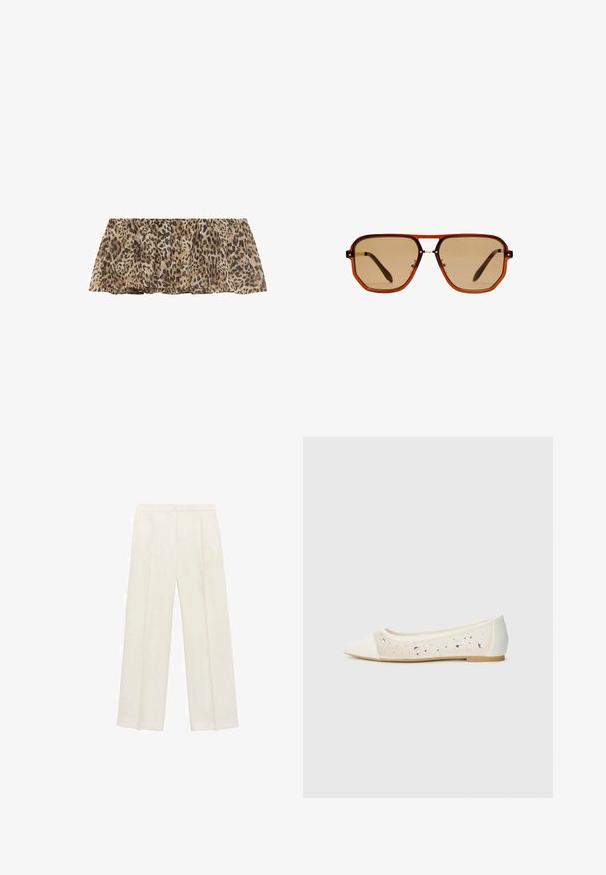 Leopardmønstret letvægtsstof top med flæsefor, der har en blød, gennemsigtig tekstur med plisseret design og en neutral farvepalet.; Bredbenede bukser i en lys cremefarve. Fremstillet af et glat stof med plisseringer foran og sidelommer.; Spidse flade sko i cremefarvet læder med gennemsigtig overdel prydet med spredte rhinsten. Blød sål for komfort, minimalistisk design.; Brune oktagonale solbriller med en gennemsigtig amber-ramme og brune tonede linser. Har et metalaccent ved næsestykket og slanke stængler.; Hvid læderhåndtaske med en struktureret design, der har et håndtag på toppen og en guldfarvet spænde. Glat tekstur og minimalistische detaljer.
