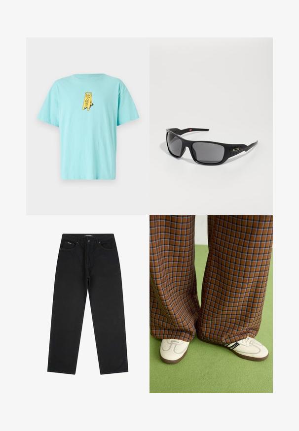 Helles blaues Baumwoll-T-Shirt mit einem gelben "Vorsicht"-Schild-Design auf der Vorderseite. Lockerer Schnitt mit kurzen Ärmeln und rundem Ausschnitt.; Schwarze gerade geschnittene Jeans mit vorderem Knopf und Reißverschluss, Gürtelschlaufen und Fünf-Taschen-Design, auf einem weißen Hintergrund flach ausgelegt.; Braun und blaue Karohosen mit weitem Bein, kombiniert mit weißen Schuhen mit schwarzen Akzenten und strukturierten Sohlen, vor einem grünen Hintergrund.; Schwarze Sonnenbrille mit rechteckiger Form, aus robustem Kunststoff gefertigt, mit grauen getönten Gläsern und einem goldenen Akzent an der Seite.