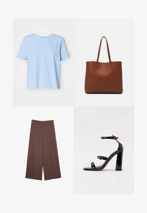 Svetlomodré bavlnené tričko s krátkymi rukávmi, okrúhlym výstrihom a rovnými líniami. Má postranný rozparok pre väčší štýl a pohodlie.; Hnedé nohavice so širokými nohavicami a hladkou textúrou, s vysokým pásom a prednými skladmi. Tkanina je ľahká a voľne sa pohybuje.; Čierne lakované sandále na podpätku so štvorcovou špičkou, navlečenými remienkami okolo členku a striebornými prackami. Disponujú masívnym blokovým podpätkom pre stabilitu.; Hnedá kožená taška na rameno s hladkou textúrou, otvoreným vrchom a dvoma ramenými popruhmi. Má minimálne šitia a žiadne viditeľné kovania.